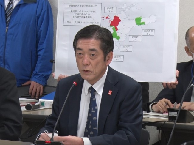 4月17日（金曜日）愛媛県・20市町合同新型コロナウイルス感染症対策本部会議（テレビ会議）（県庁）の画像