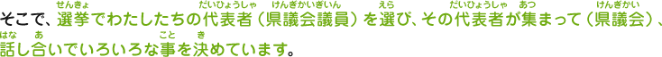 そこで、選挙でわたしたちの代表者（県議会議員）を選び、その代表者が集まって（県議会）、話し合いでいろいろな事を決めています。