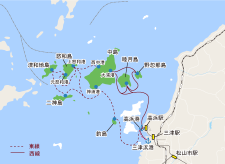 釣島、二神島、津和地島、怒和島、睦月島、野忽那島、中島へのアクセス