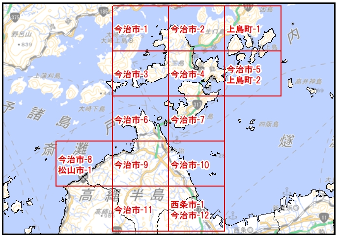 今治支局管轄内の、各ため池マップの範囲を示す図
