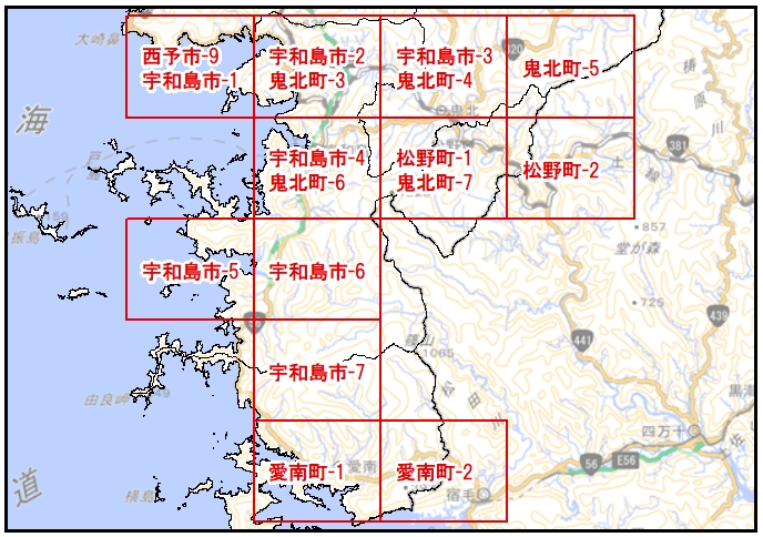 南予地方局管轄内の、各ため池マップの範囲を示す図
