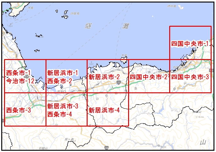 東予地方局管轄内の、各ため池マップの範囲を示す図