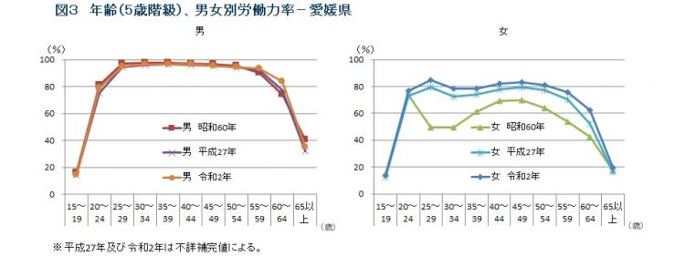 年齢(5歳階級)、男女別労働力率-愛媛県の画像